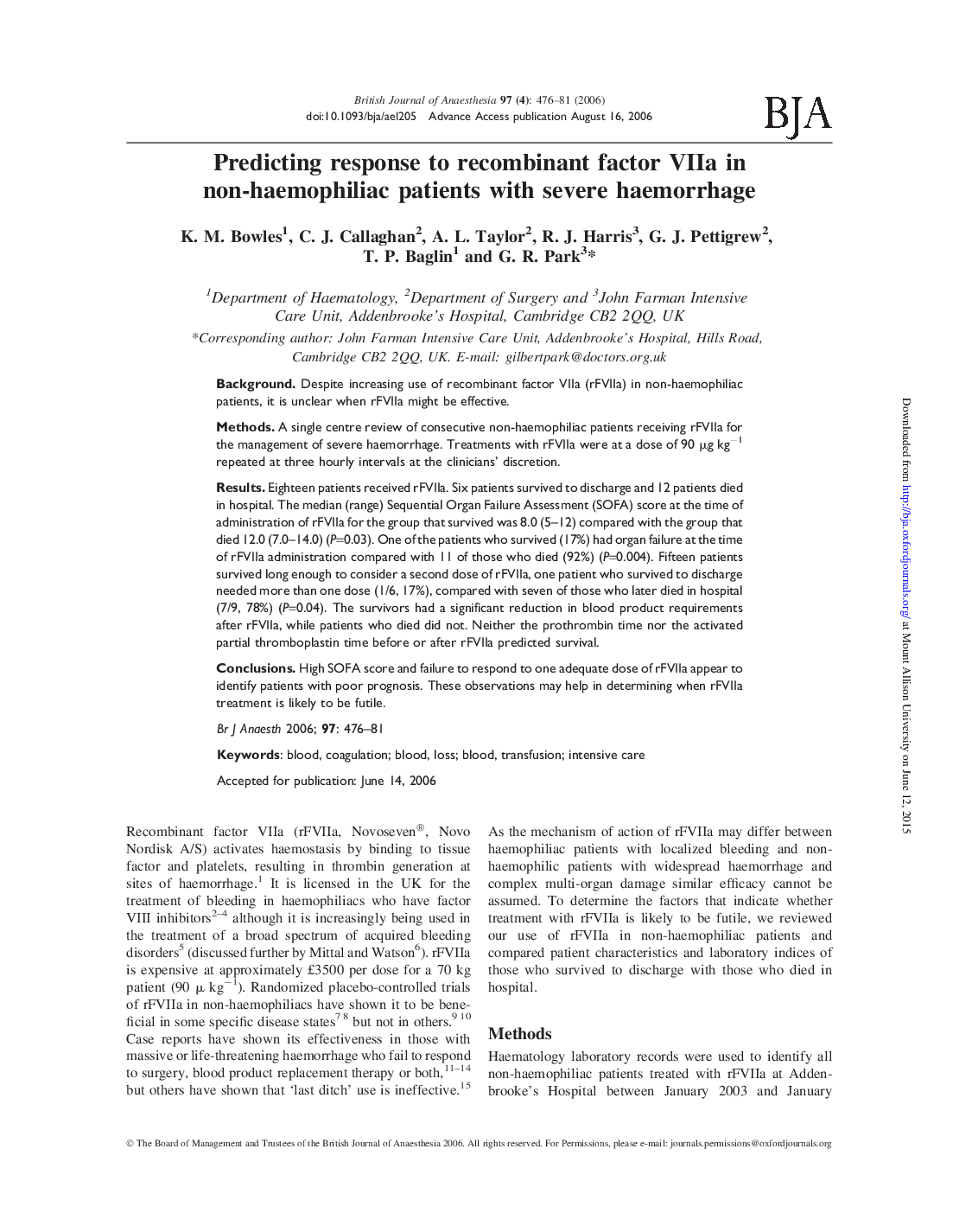 Predicting response to recombinant factor VIIa in non-haemophiliac patients with severe haemorrhage