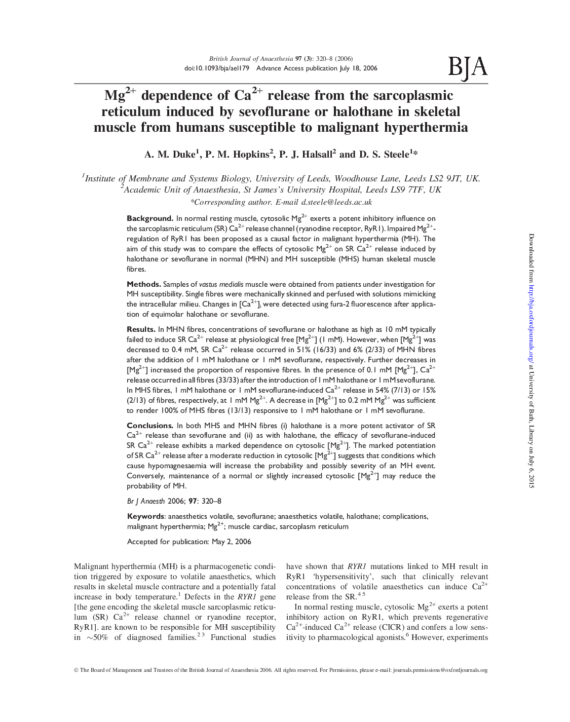 Mg2+ dependence of Ca2+ release from the sarcoplasmic reticulum induced by sevoflurane or halothane in skeletal muscle from humans susceptible to malignant hyperthermia