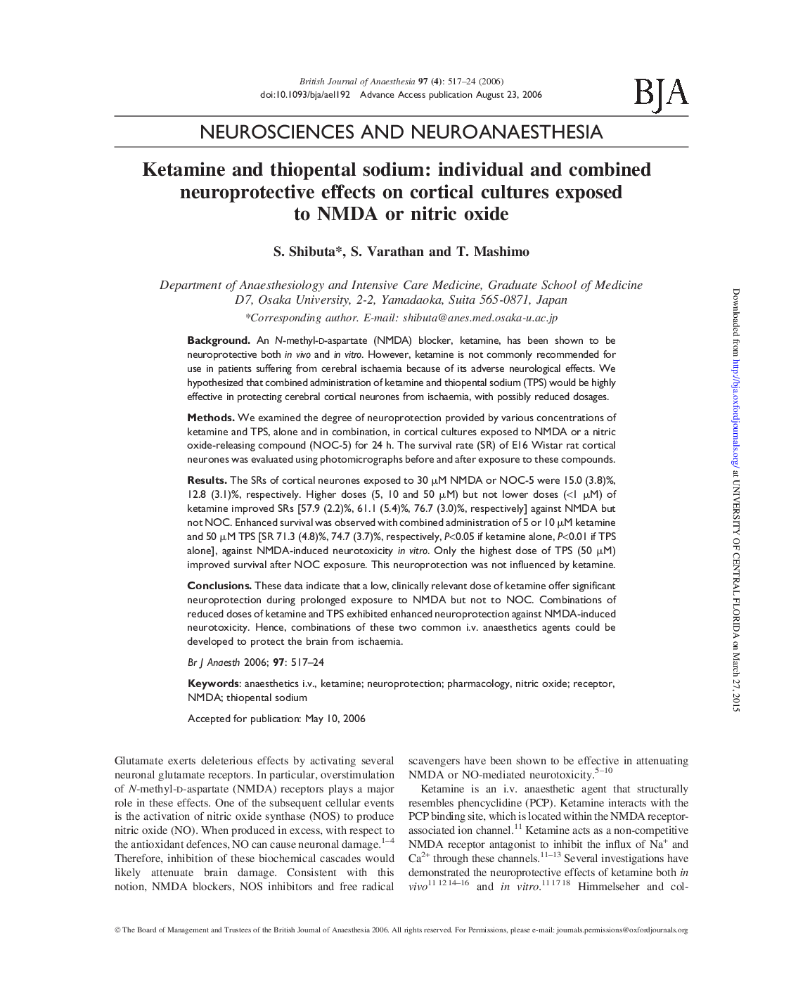 Ketamine and thiopental sodium: individual and combined neuroprotective effects on cortical cultures exposed to NMDA or nitric oxide