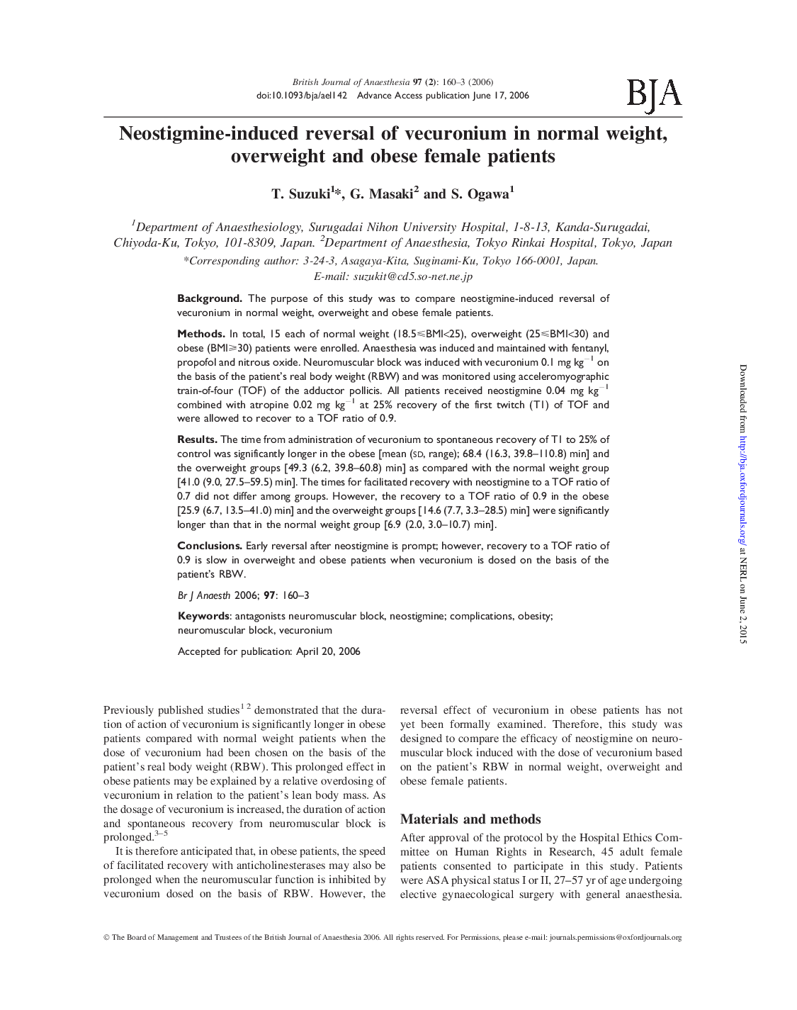 Neostigmine-induced reversal of vecuronium in normal weight, overweight and obese female patients