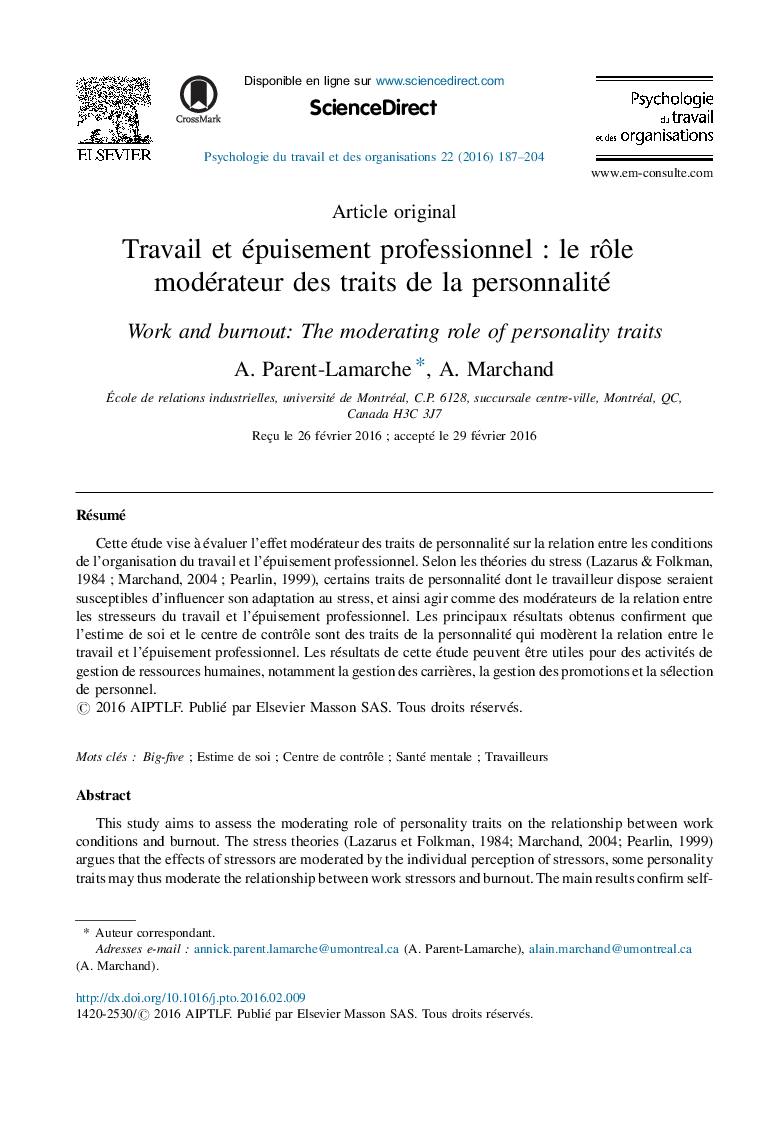 Travail et épuisement professionnelÂ : le rÃ´le modérateur des traits de la personnalité