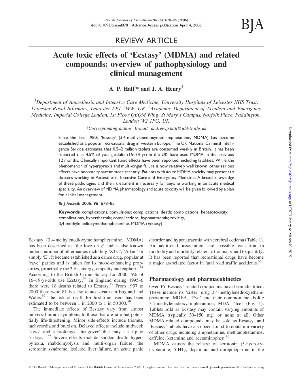 Acute toxic effects of 'Ecstasy' (MDMA) and related compounds: overview of pathophysiology and clinical management