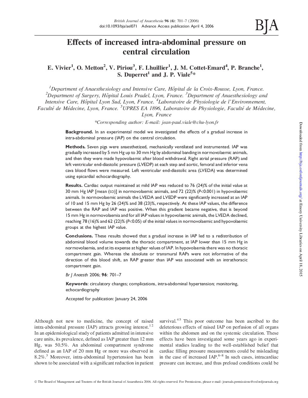 Effects of increased intra-abdominal pressure on central circulation