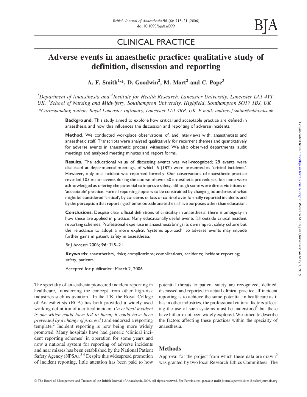 Adverse events in anaesthetic practice: qualitative study of definition, discussion and reporting