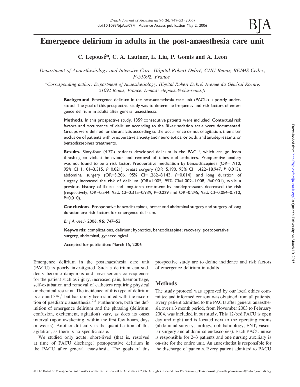 Emergence delirium in adults in the post-anaesthesia care unit