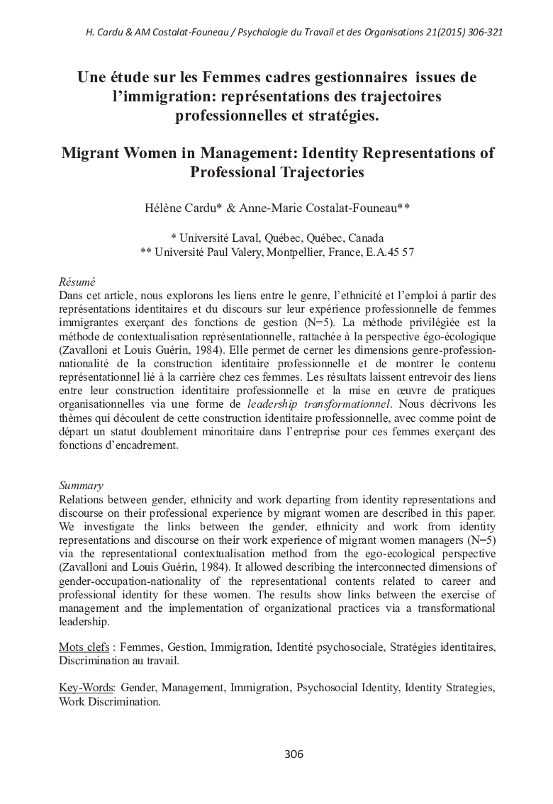 Une étude sur les Femmes cadres gestionnaires issues de l’immigration: représentations des trajectoires professionnelles et stratégies