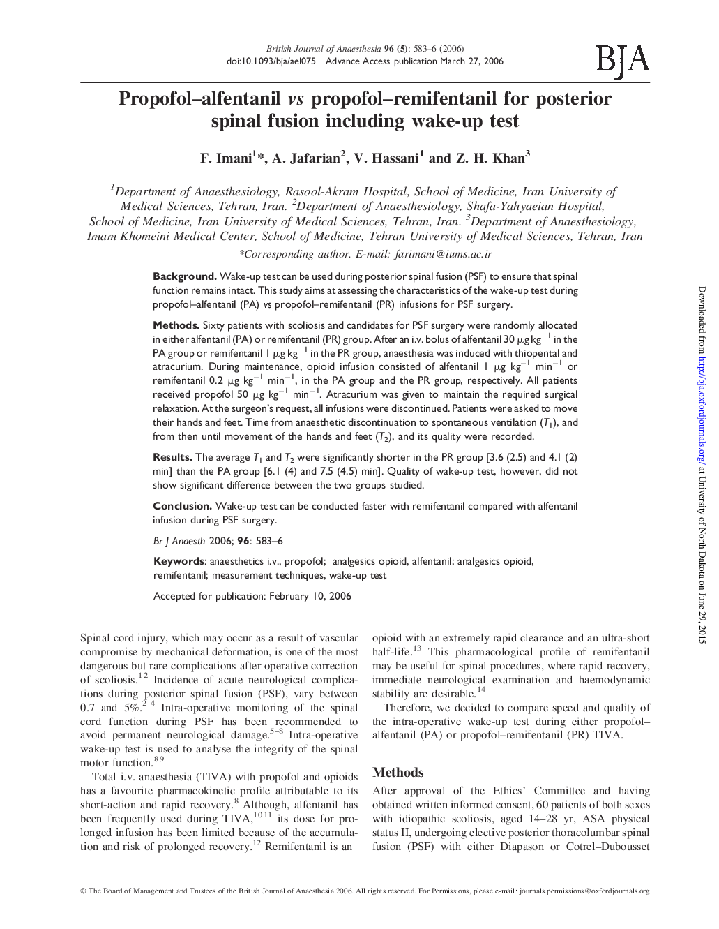 Propofol-alfentanil vs propofol-remifentanil for posterior spinal fusion including wake-up test