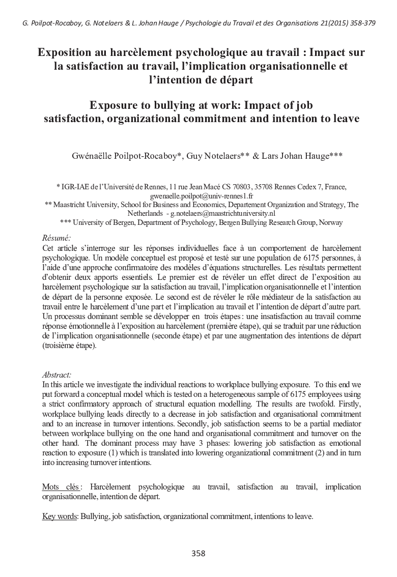 Exposition au harcèlement psychologique au travail : Impact sur la satisfaction au travail, l’implication organisationnelle et l’intention de départ