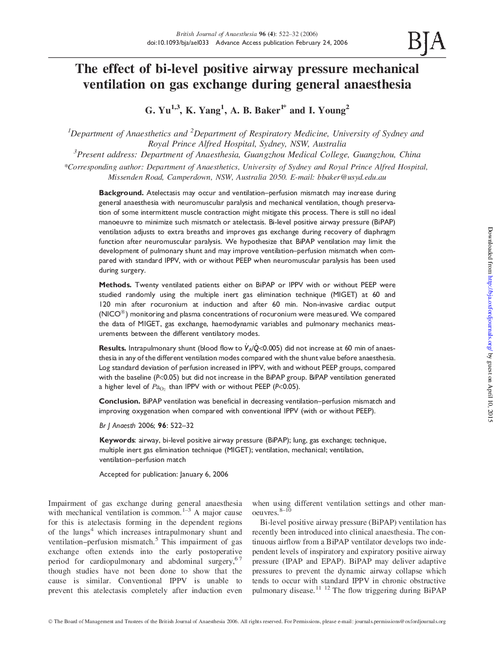 The effect of bi-level positive airway pressure mechanical ventilation on gas exchange during general anaesthesia