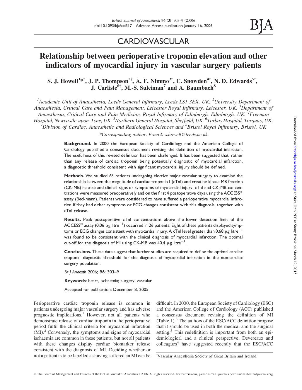 Relationship between perioperative troponin elevation and other indicators of myocardial injury in vascular surgery patients