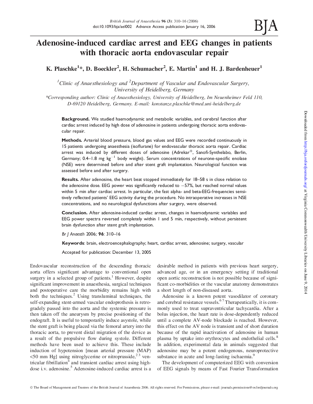 Adenosine-induced cardiac arrest and EEG changes in patients with thoracic aorta endovascular repair