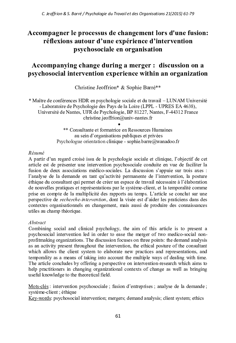 Accompagner le processus de changement lors d'une fusion: réflexions autour d’une expérience d’intervention psychosociale en organisation