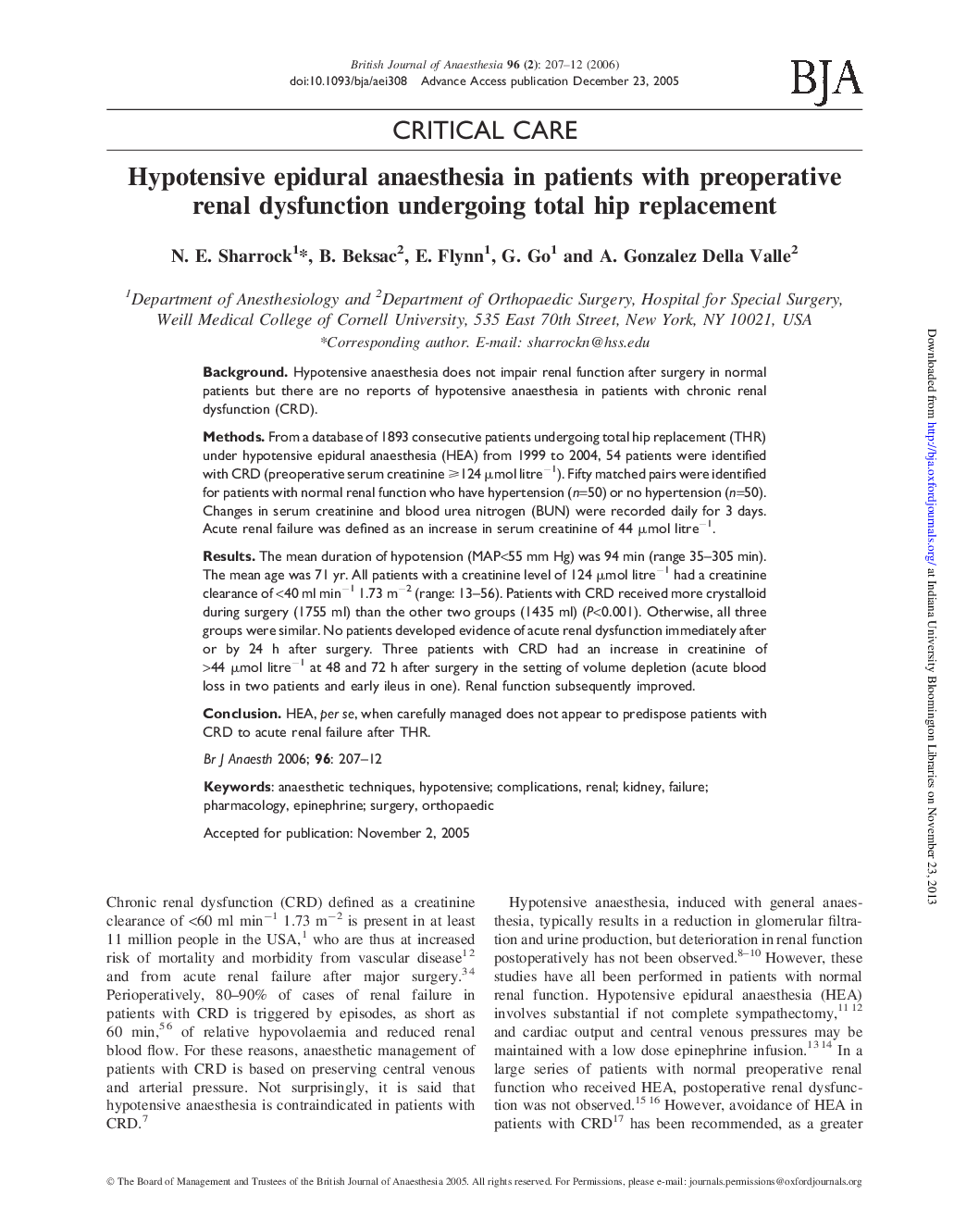 Hypotensive epidural anaesthesia in patients with preoperative renal dysfunction undergoing total hip replacement