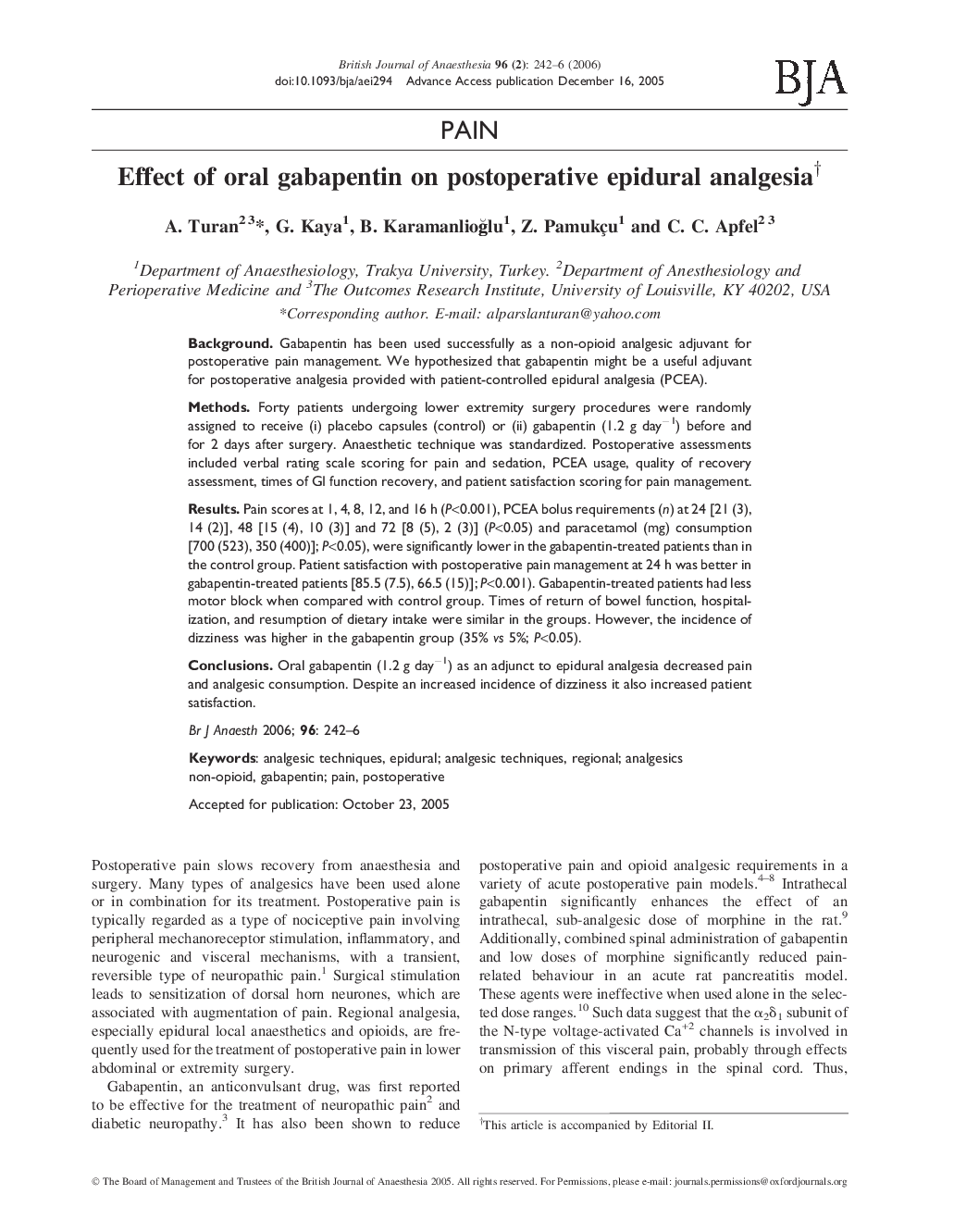 Effect of oral gabapentin on postoperative epidural analgesiaâ 