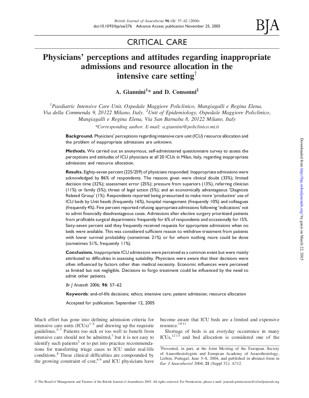 Physicians' perceptions and attitudes regarding inappropriate admissions and resource allocation in the intensive care settingâ 