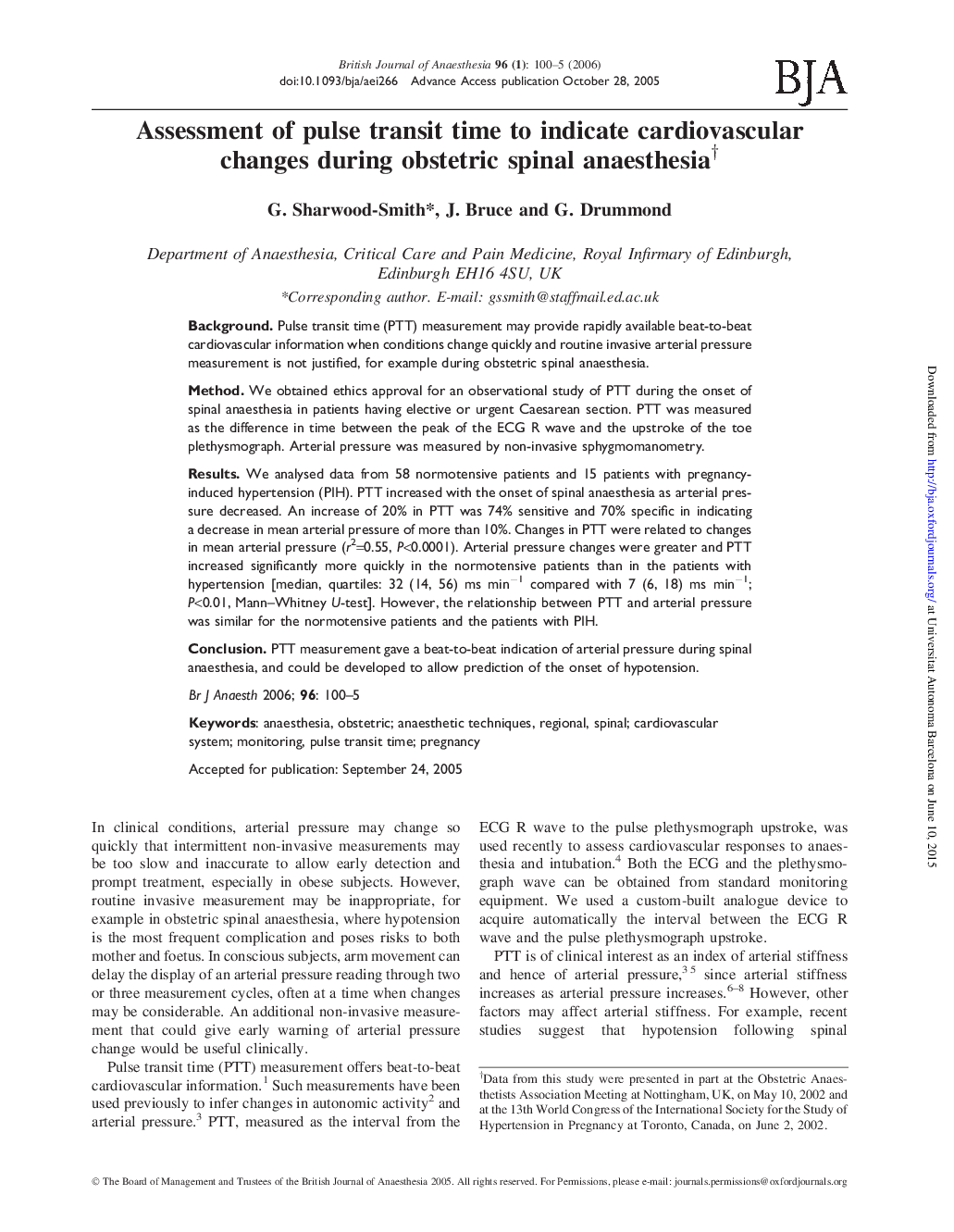 Assessment of pulse transit time to indicate cardiovascular changes during obstetric spinal anaesthesiaâ 