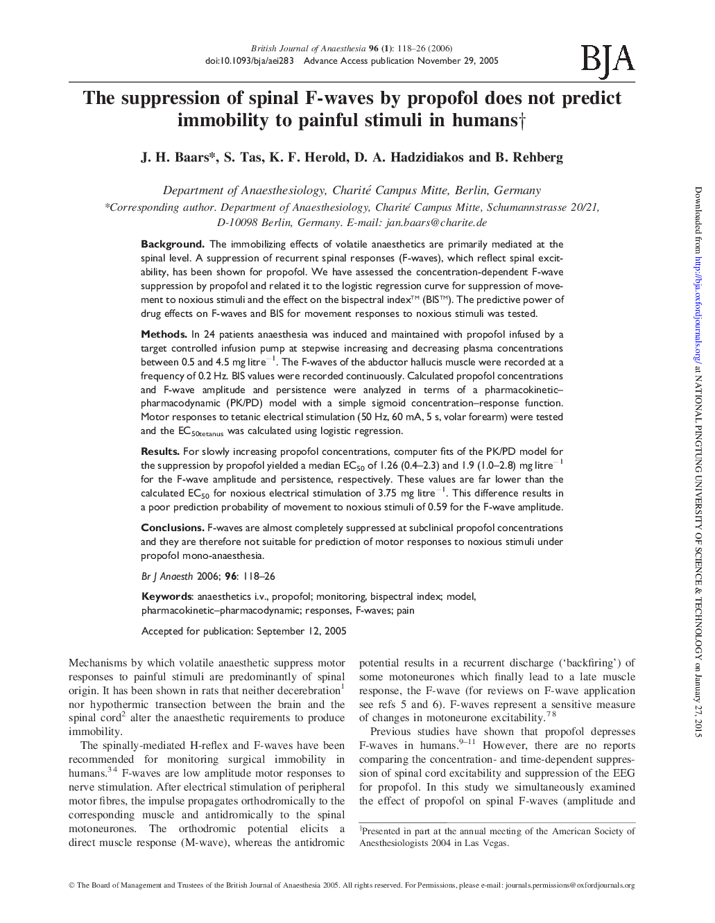 The suppression of spinal F-waves by propofol does not predict immobility to painful stimuli in humansâ 