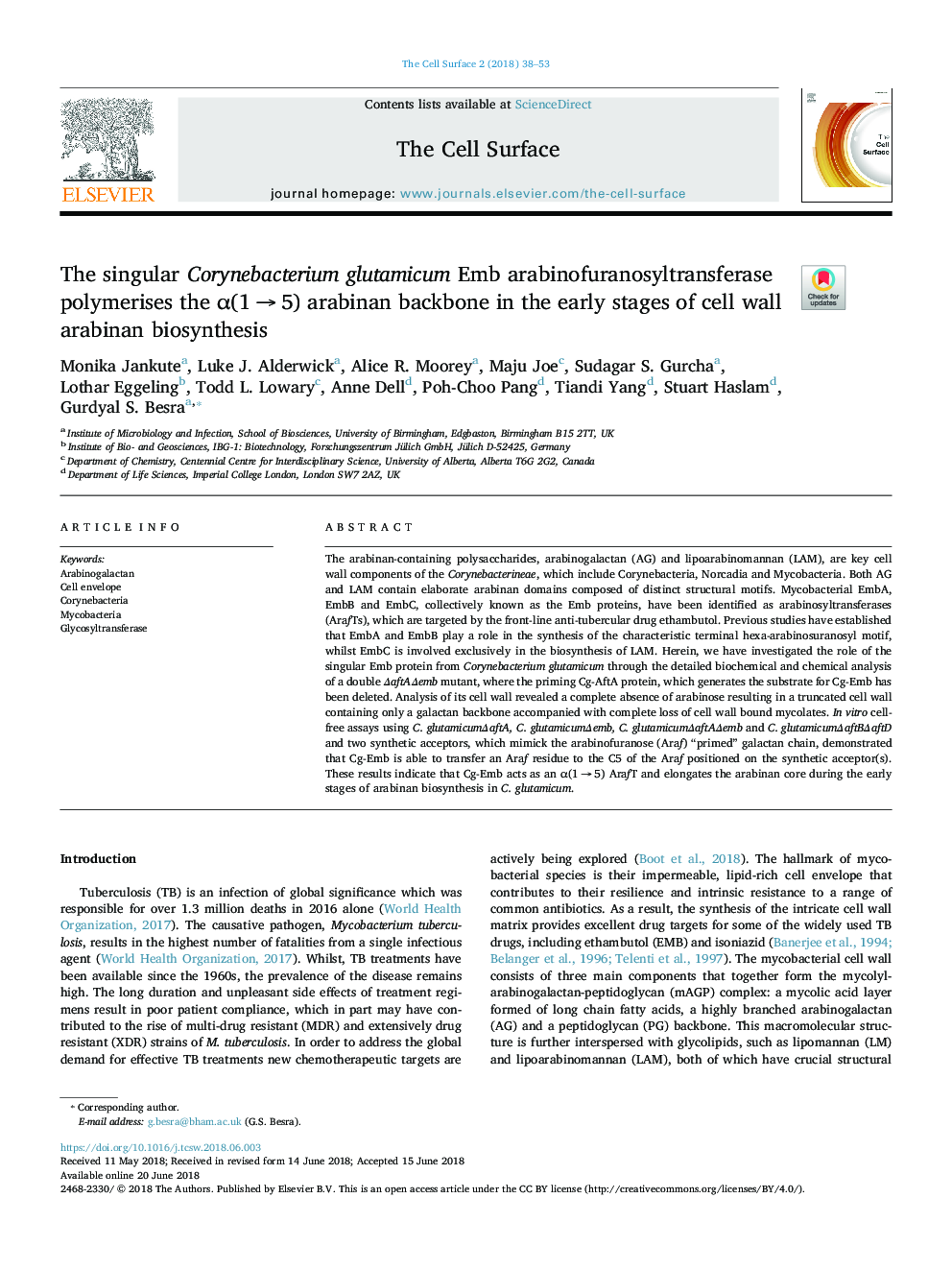 The singular Corynebacterium glutamicum Emb arabinofuranosyltransferase polymerises the Î±(1â¯ââ¯5) arabinan backbone in the early stages of cell wall arabinan biosynthesis