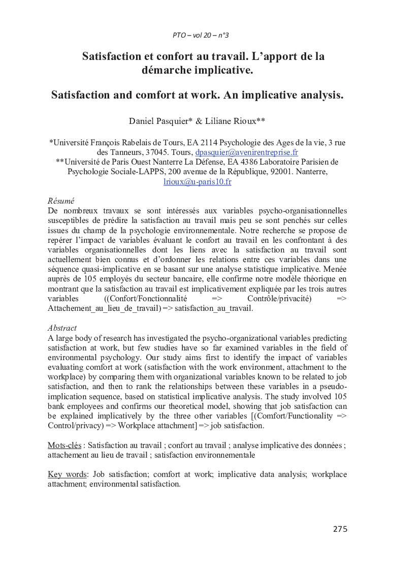 Satisfaction et confort au travail. L’apport de la démarche implicative