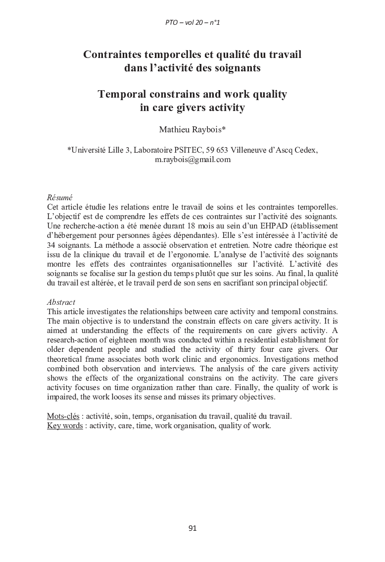 Contraintes temporelles et qualité du travail dans l’activité des soignants