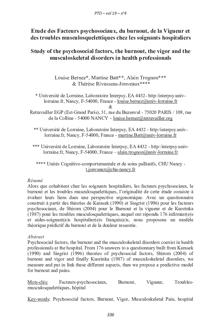 Etude des Facteurs psychosociaux, du burnout, de la Vigueur et des troubles musculosquelettiques chez les soignants hospitaliers