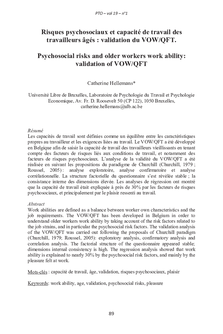 Risques psychosociaux et capacité de travail des travailleurs âgés : validation du VOW/QFT