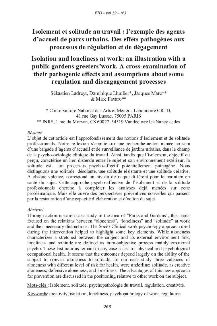Isolement et solitude au travail : l’exemple des agents d’accueil de parcs urbains. Des effets pathogènes aux processus de régulation et de dégagement