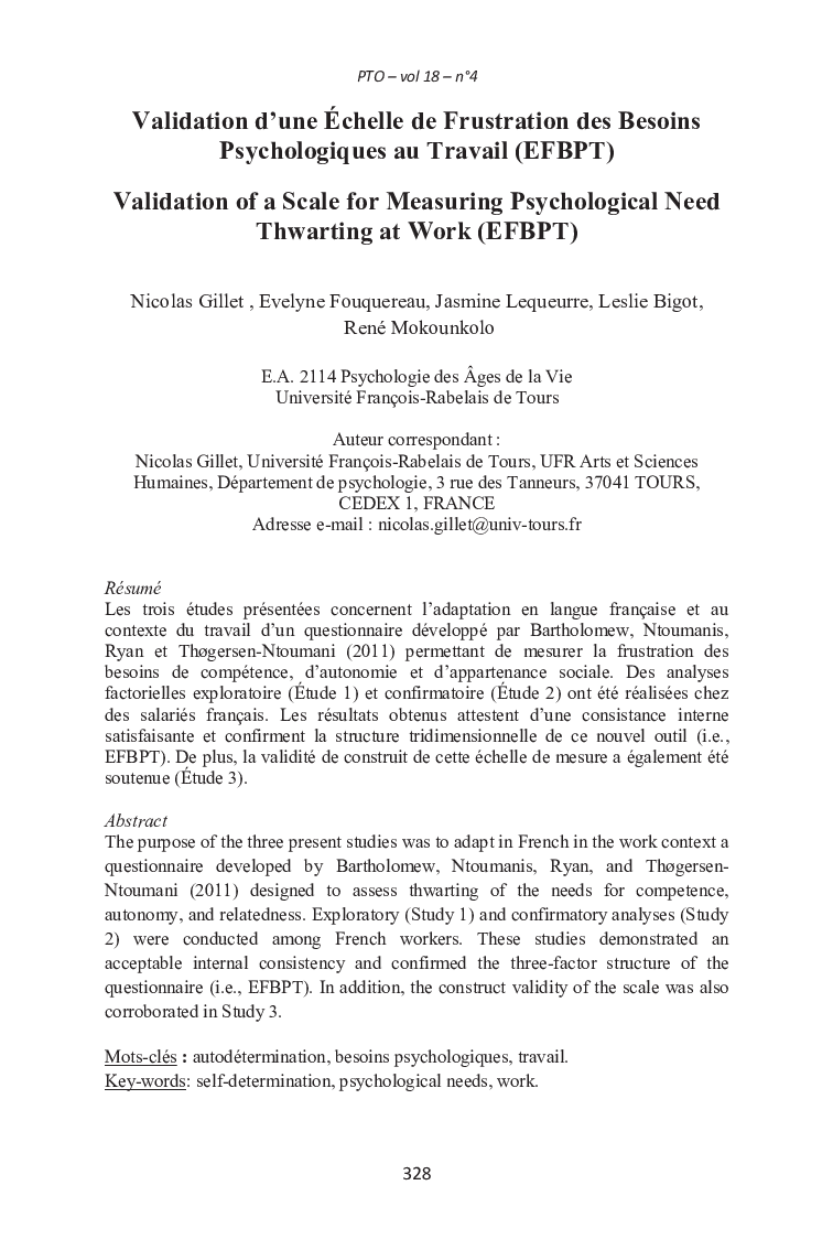 Validation d’une Échelle de Frustration des Besoins Psychologiques au Travail (EFBPT)
