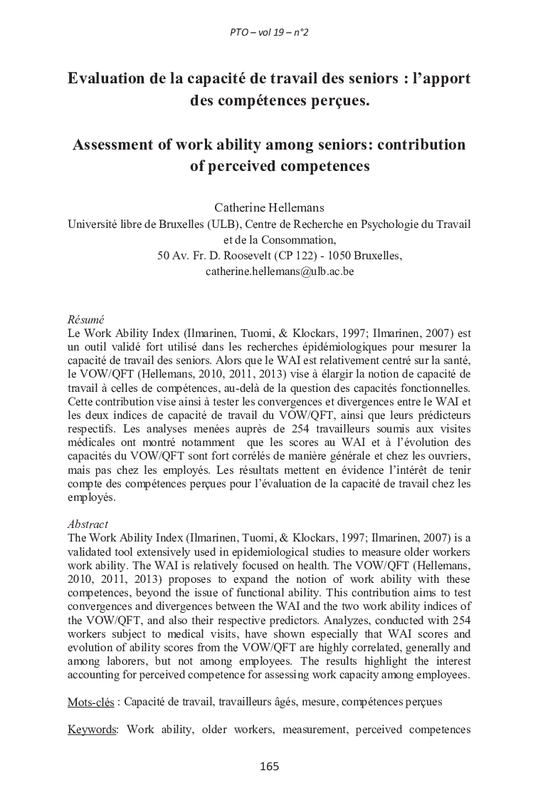 Evaluation de la capacité de travail des seniors : l’apport des compétences perçues