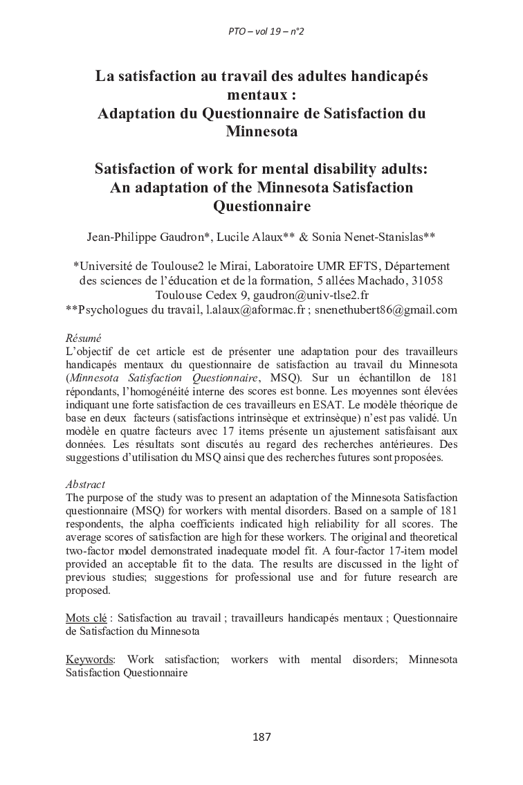 La satisfaction au travail des adultes handicapés mentaux : Adaptation du Questionnaire de Satisfaction du Minnesota