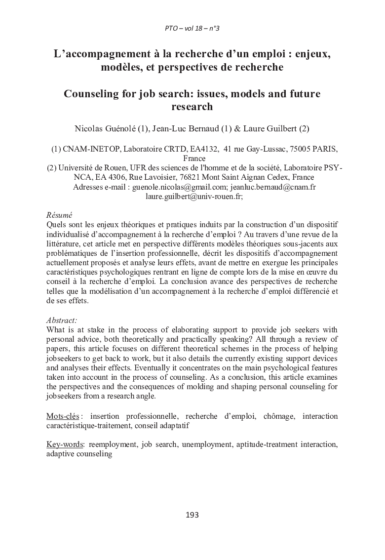 L’accompagnement à la recherche d’un emploi : enjeux, modèles, et perspectives de recherche