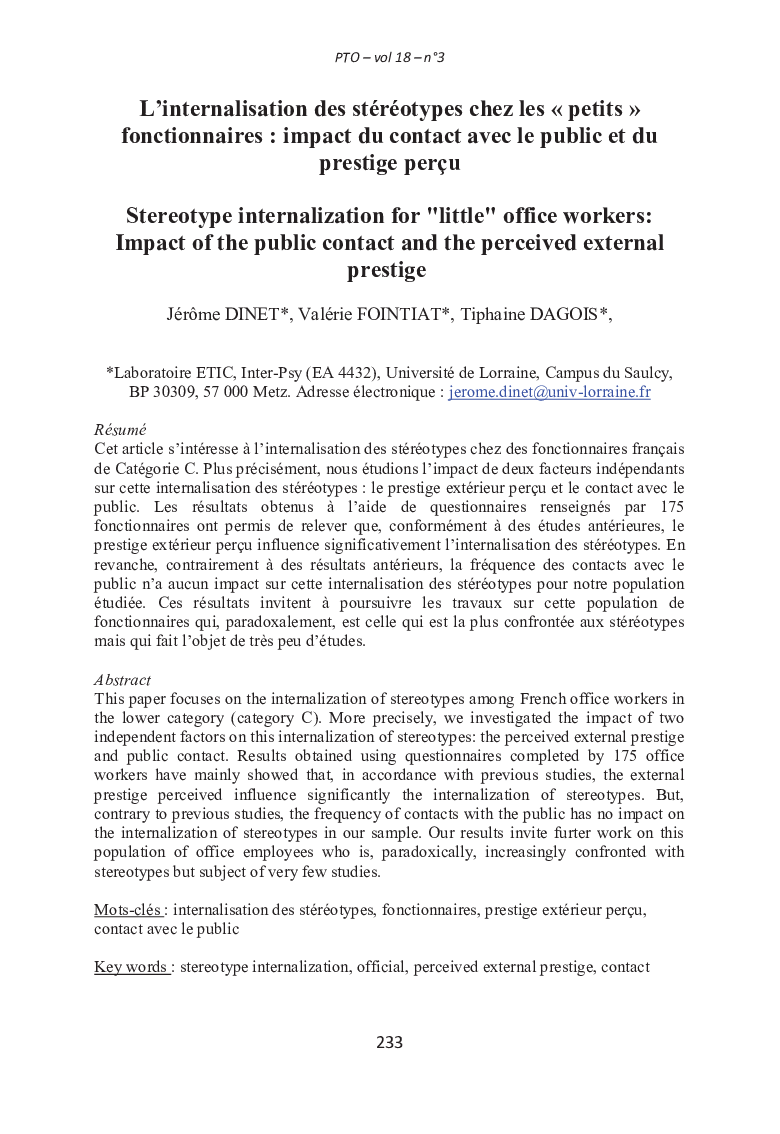 L’internalisation des stéréotypes chez les « petits » fonctionnaires : impact du contact avec le public et du prestige perçu