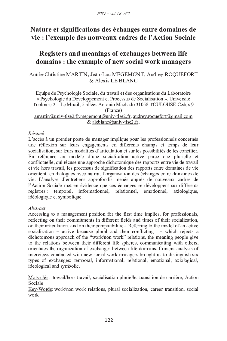 Nature et significations des échanges entre domaines de vie : l’exemple des nouveaux cadres de l’Action Sociale