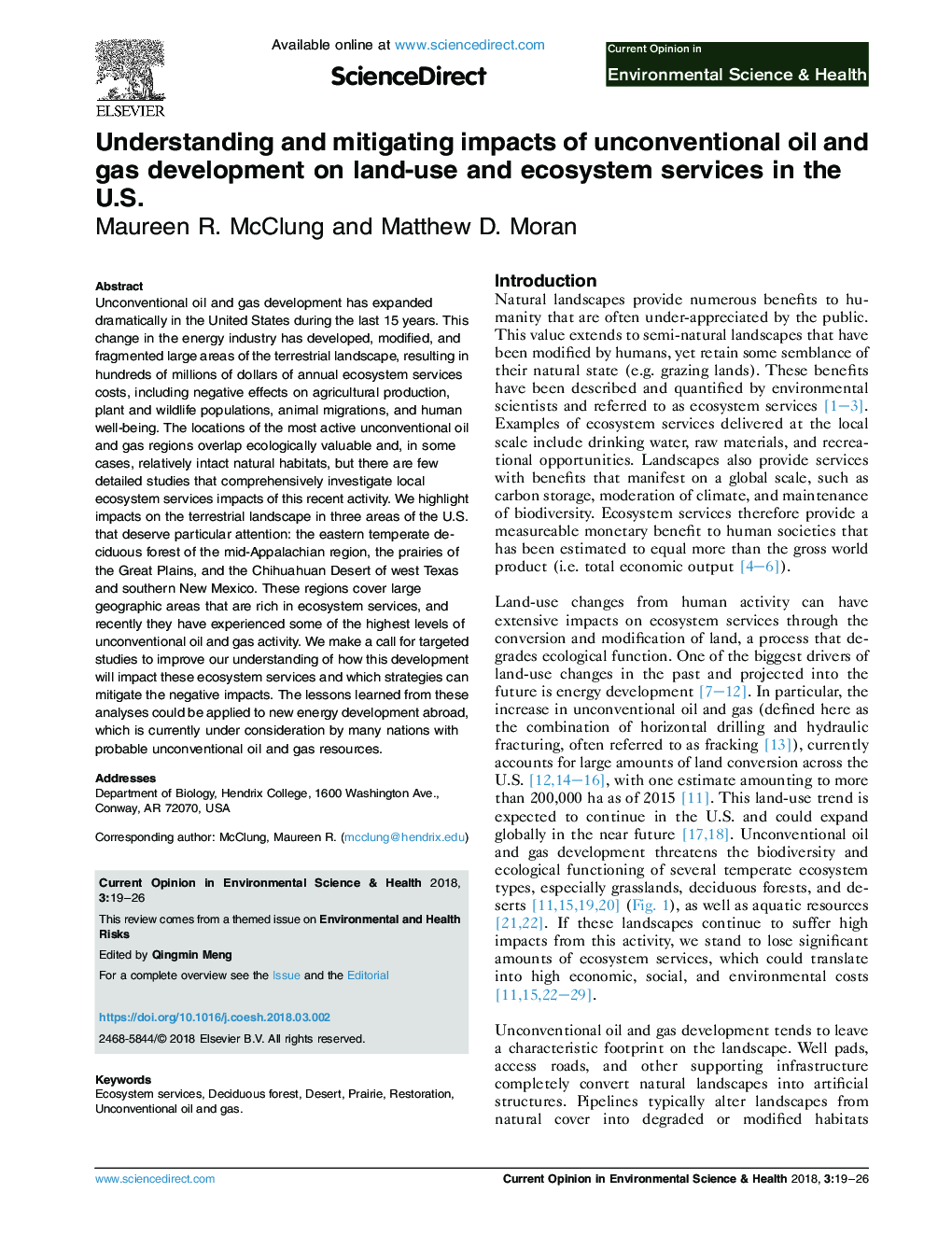 Understanding and mitigating impacts of unconventional oil and gas development on land-use and ecosystem services in the U.S.