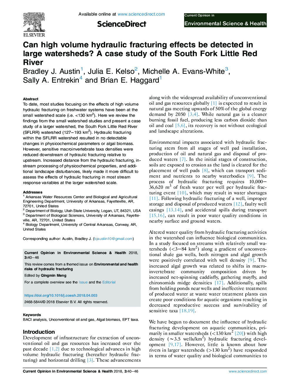 Can high volume hydraulic fracturing effects be detected in large watersheds? A case study of the South Fork Little Red River