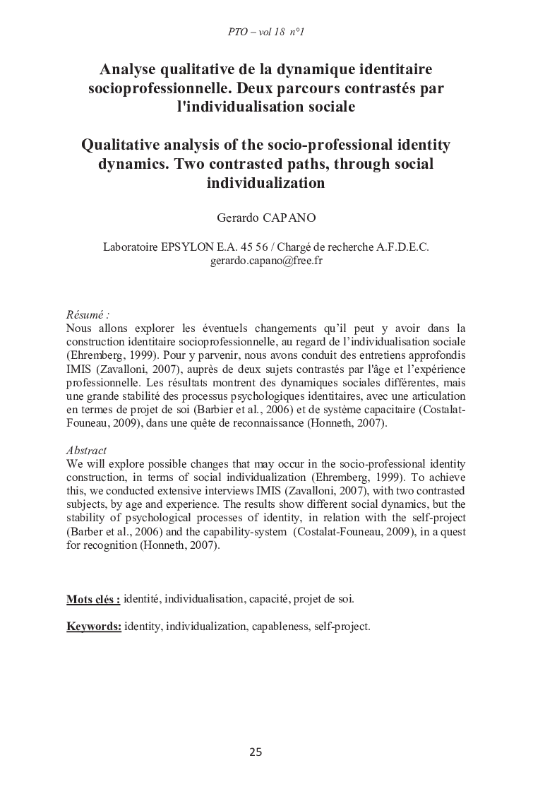 Analyse qualitative de la dynamique identitaire socioprofessionnelle. Deux parcours contrastés par l’individualisation sociale