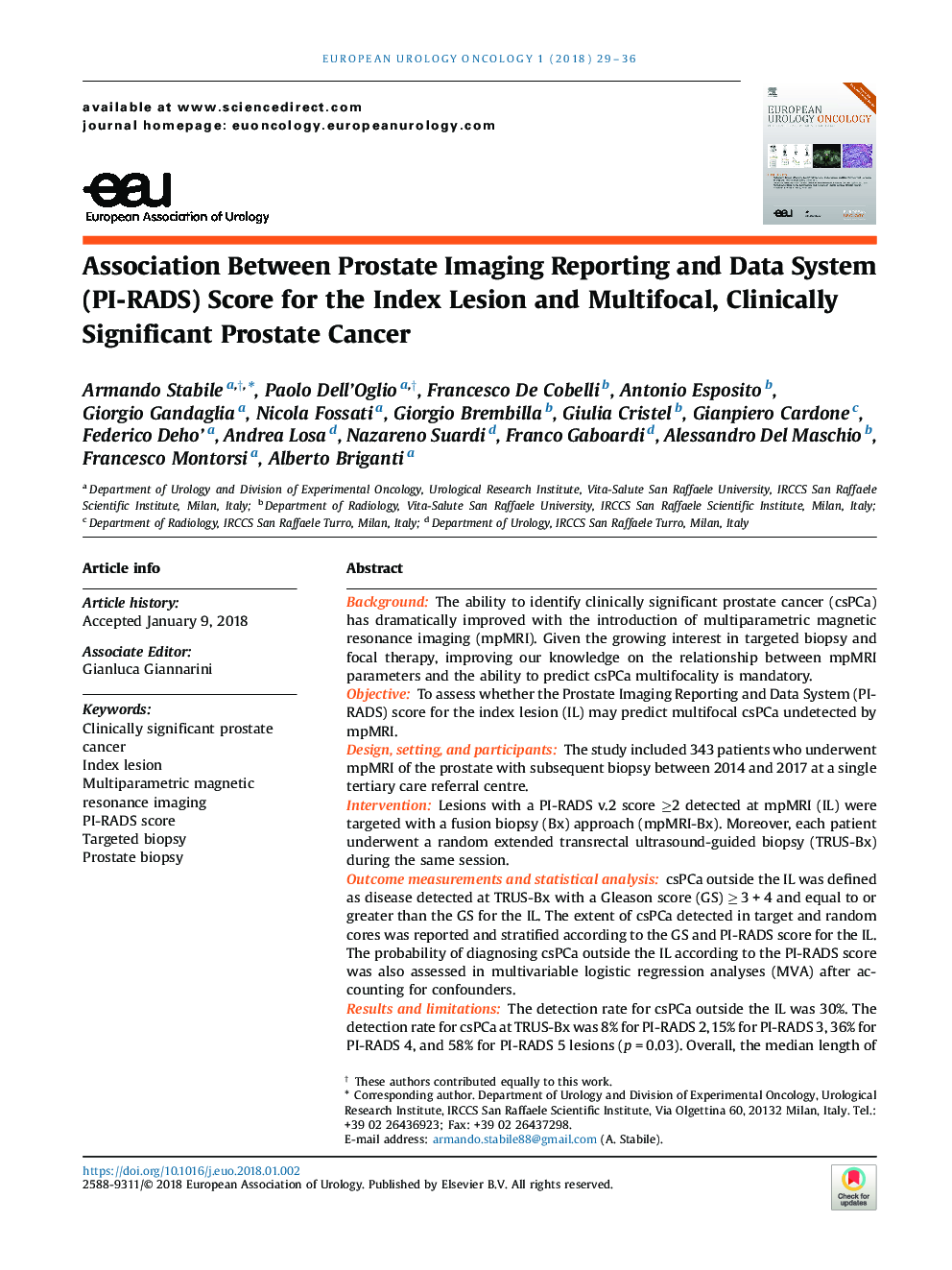 Association Between Prostate Imaging Reporting and Data System (PI-RADS) Score for the Index Lesion and Multifocal, Clinically Significant Prostate Cancer