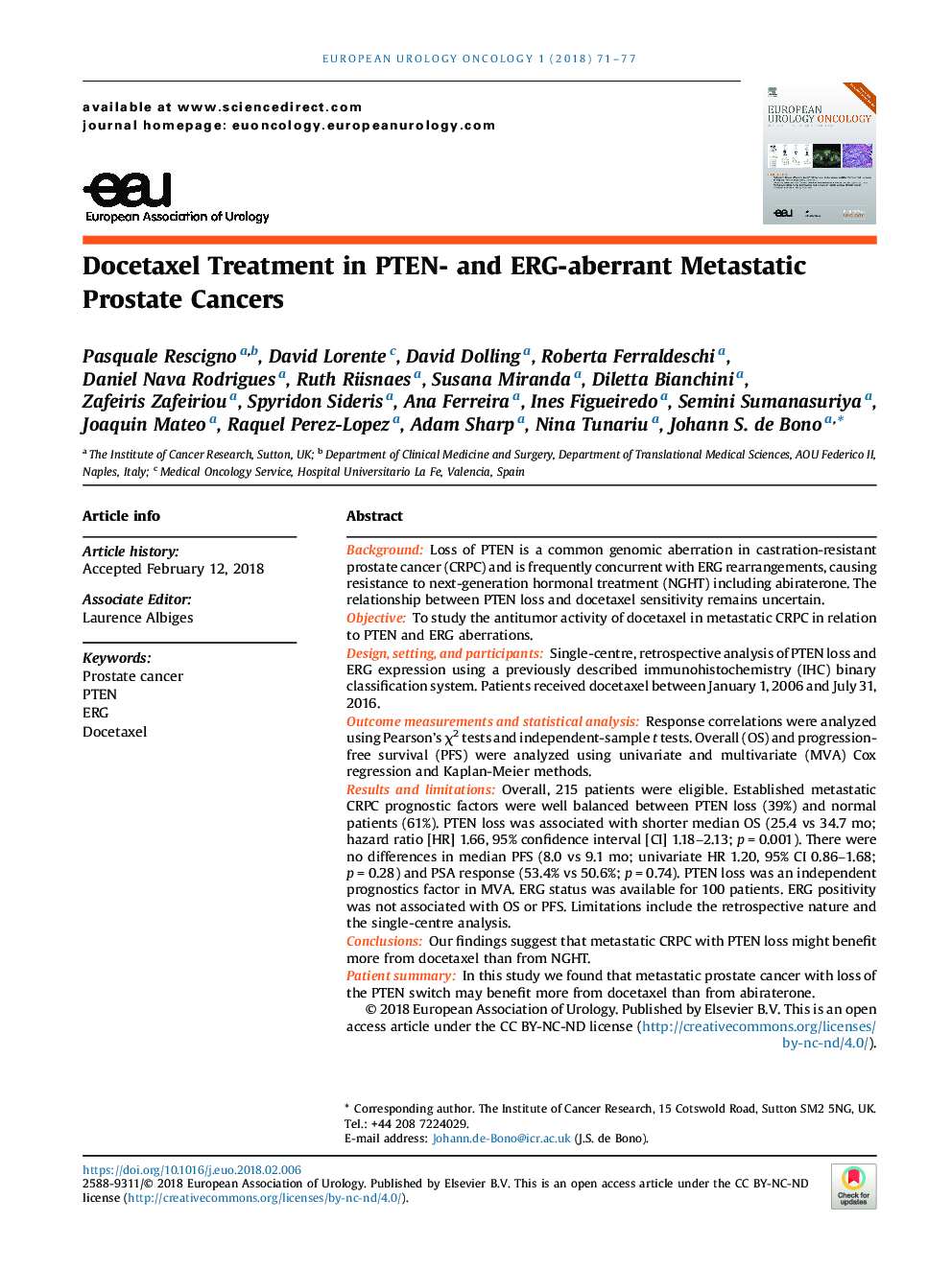 Docetaxel Treatment in PTEN- and ERG-aberrant Metastatic Prostate Cancers