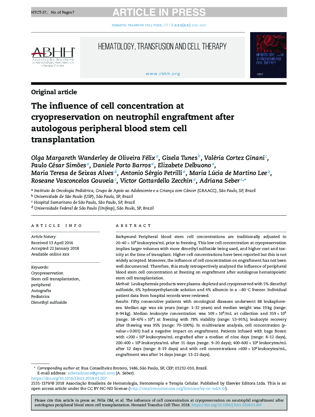 The influence of cell concentration at cryopreservation on neutrophil engraftment after autologous peripheral blood stem cell transplantation