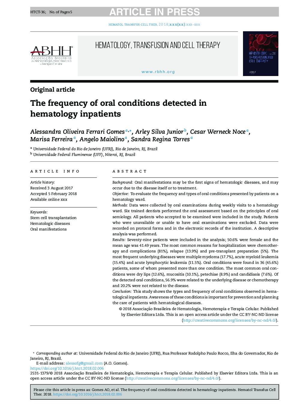 The frequency of oral conditions detected in hematology inpatients