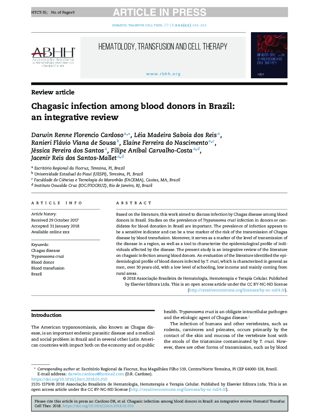 Chagasic infection among blood donors in Brazil: an integrative review