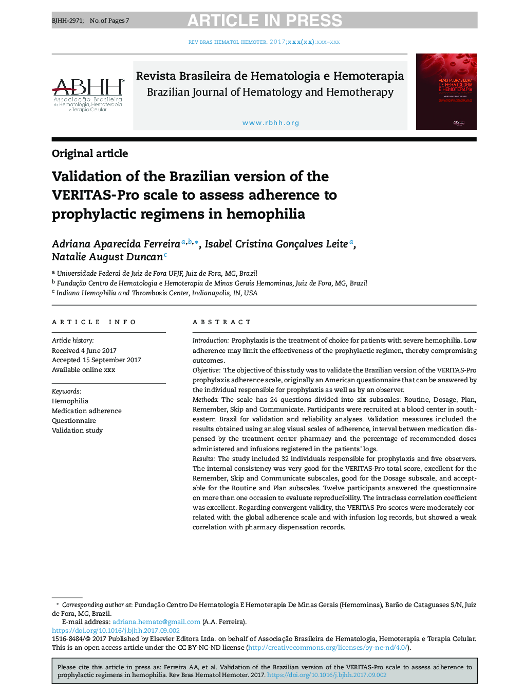 Validation of the Brazilian version of the VERITAS-Pro scale to assess adherence to prophylactic regimens in hemophilia