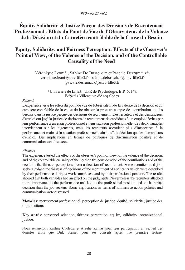 Équité, Solidarité et Justice Perçue des Décisions de Recrutement Professionnel : Effets du Point de Vue de l'Observateur, de la Valence de la Décision et du Caractère contrôlable de la Cause du Besoin