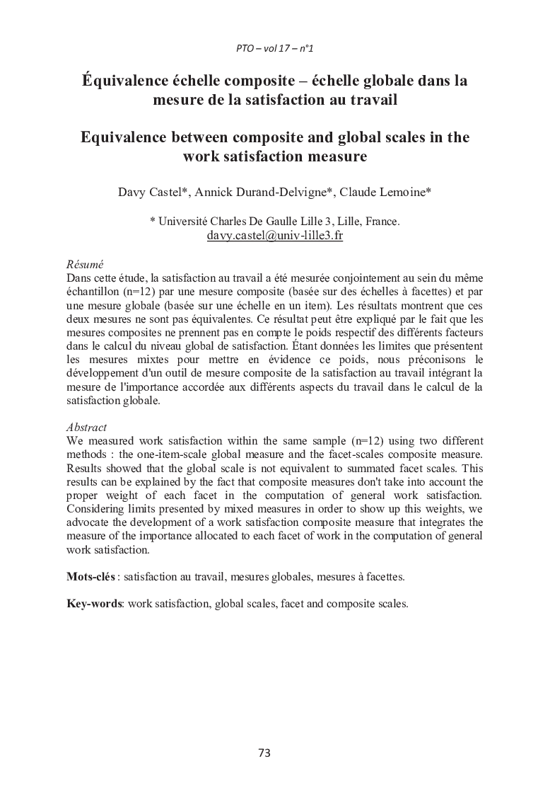 Équivalence échelle composite – échelle globale dans la mesure de la satisfaction au travail