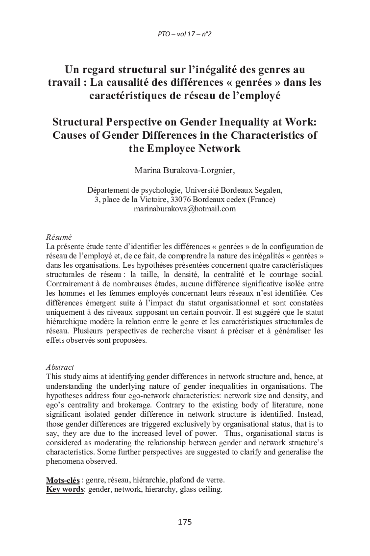 Un regard structural sur l’inégalité des genres au travail : La causalité des différences « genrées » dans les caractéristiques de réseau de l’employé