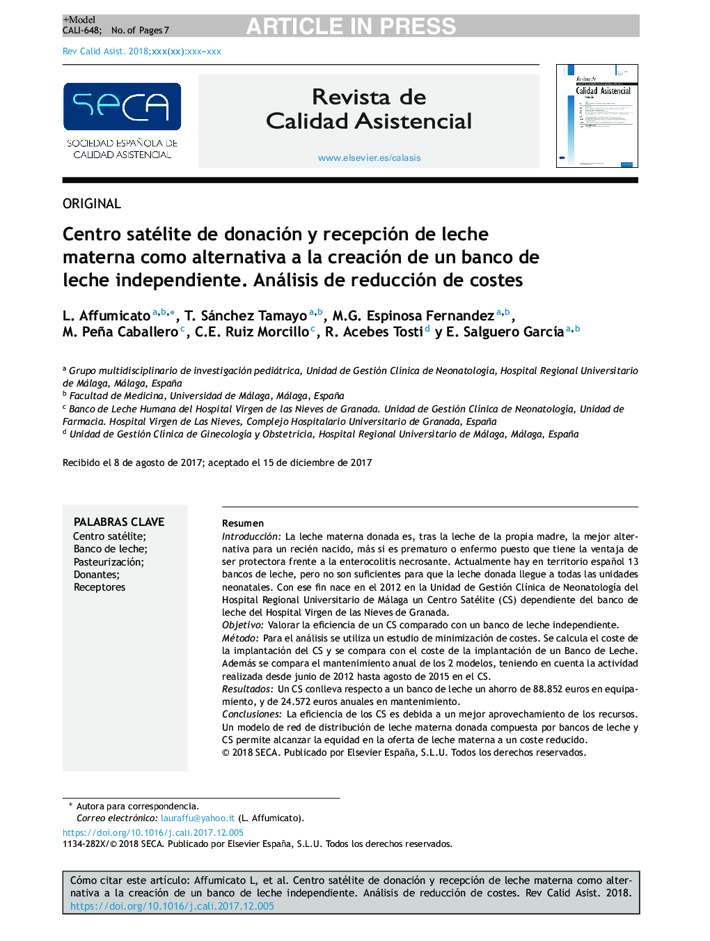 Centro satélite de donación y recepción de leche materna como alternativa a la creación de un banco de leche independiente. Análisis de reducción de costes