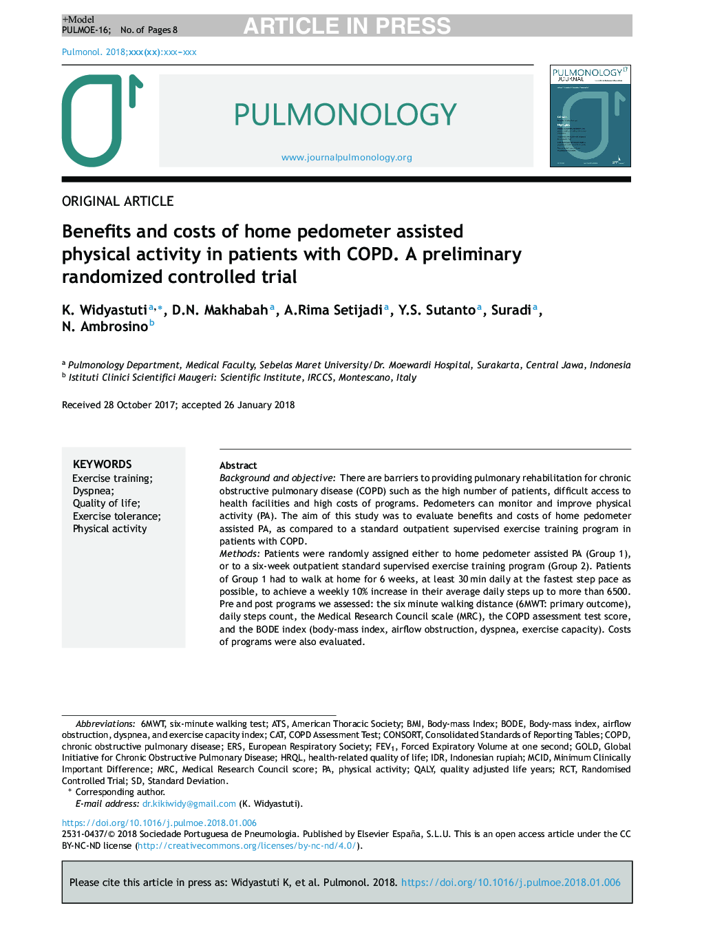 Benefits and costs of home pedometer assisted physical activity in patients with COPD. A preliminary randomized controlled trial