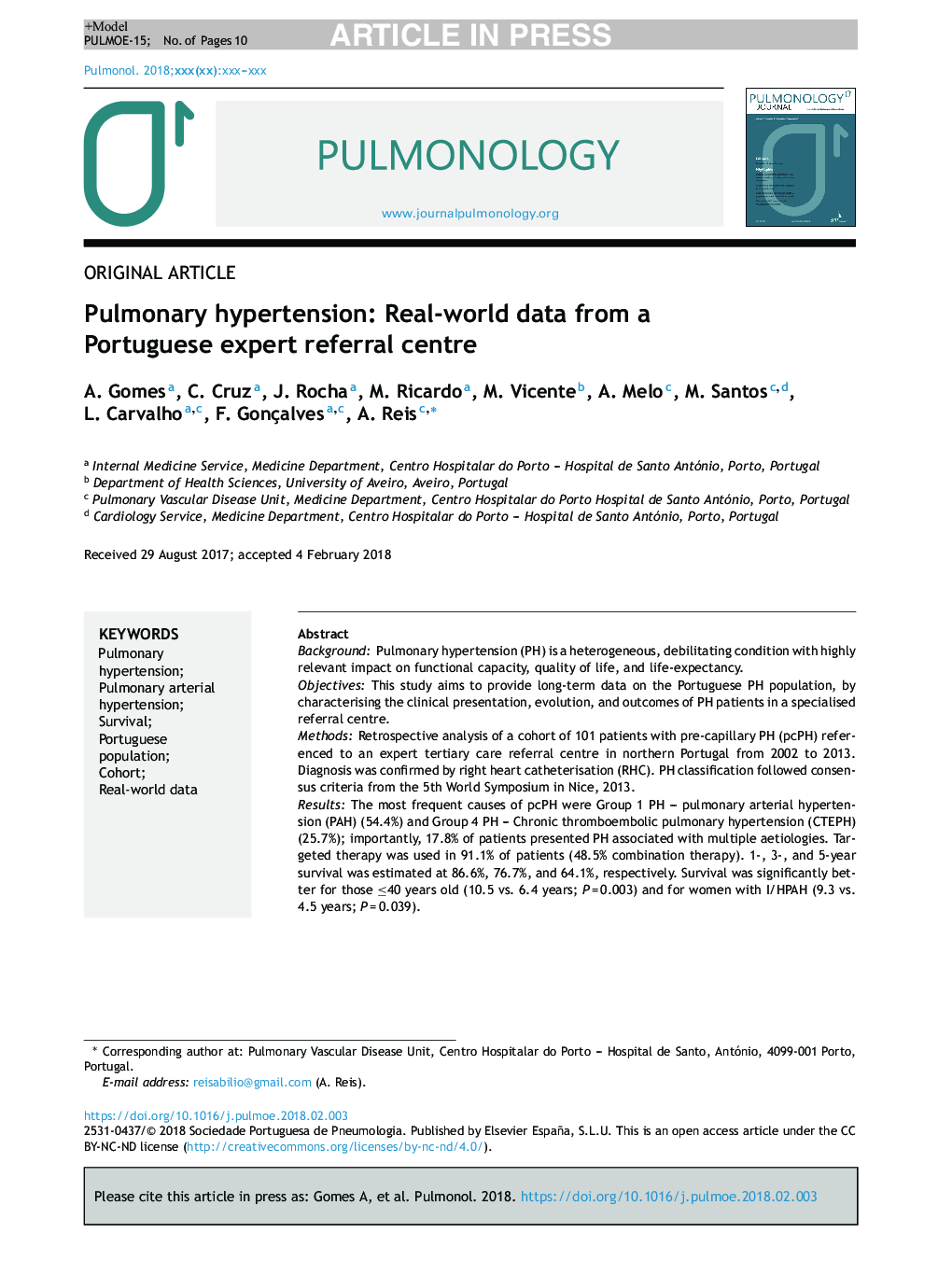 Pulmonary hypertension: Real-world data from a Portuguese expert referral centre
