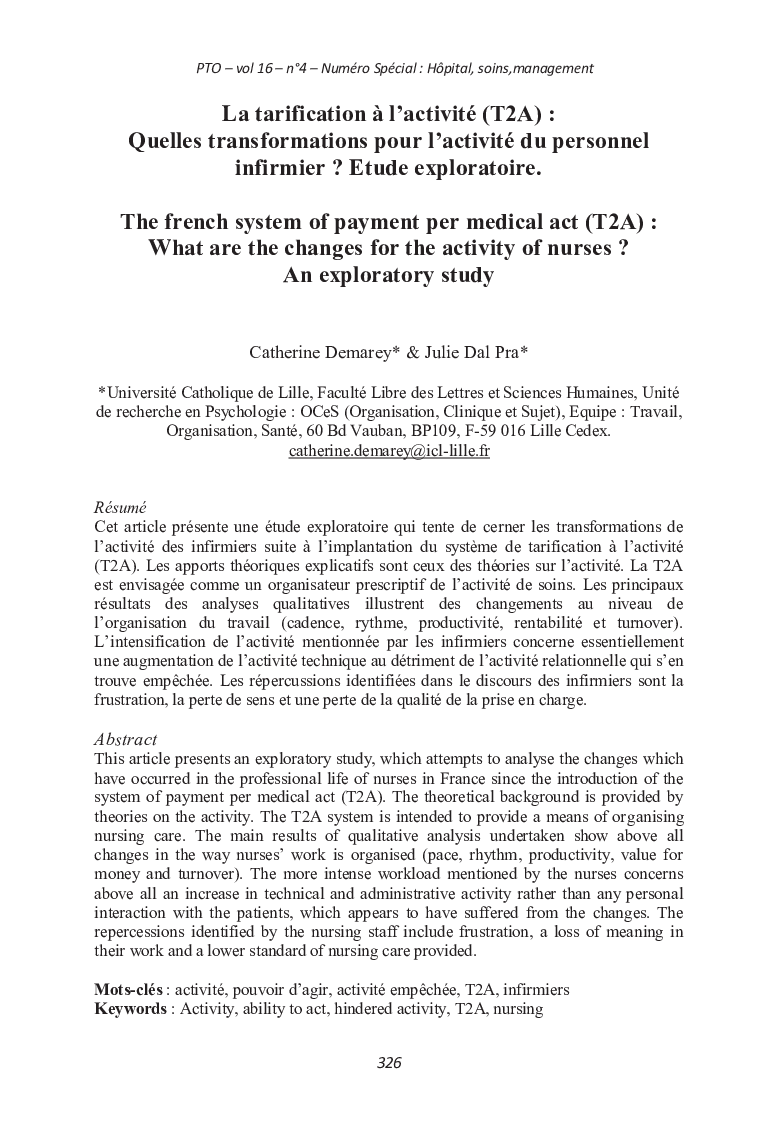 La tarification à l’activité (T2A) : Quelles transformations pour l’activité du personnel infirmier ? Etude exploratoire