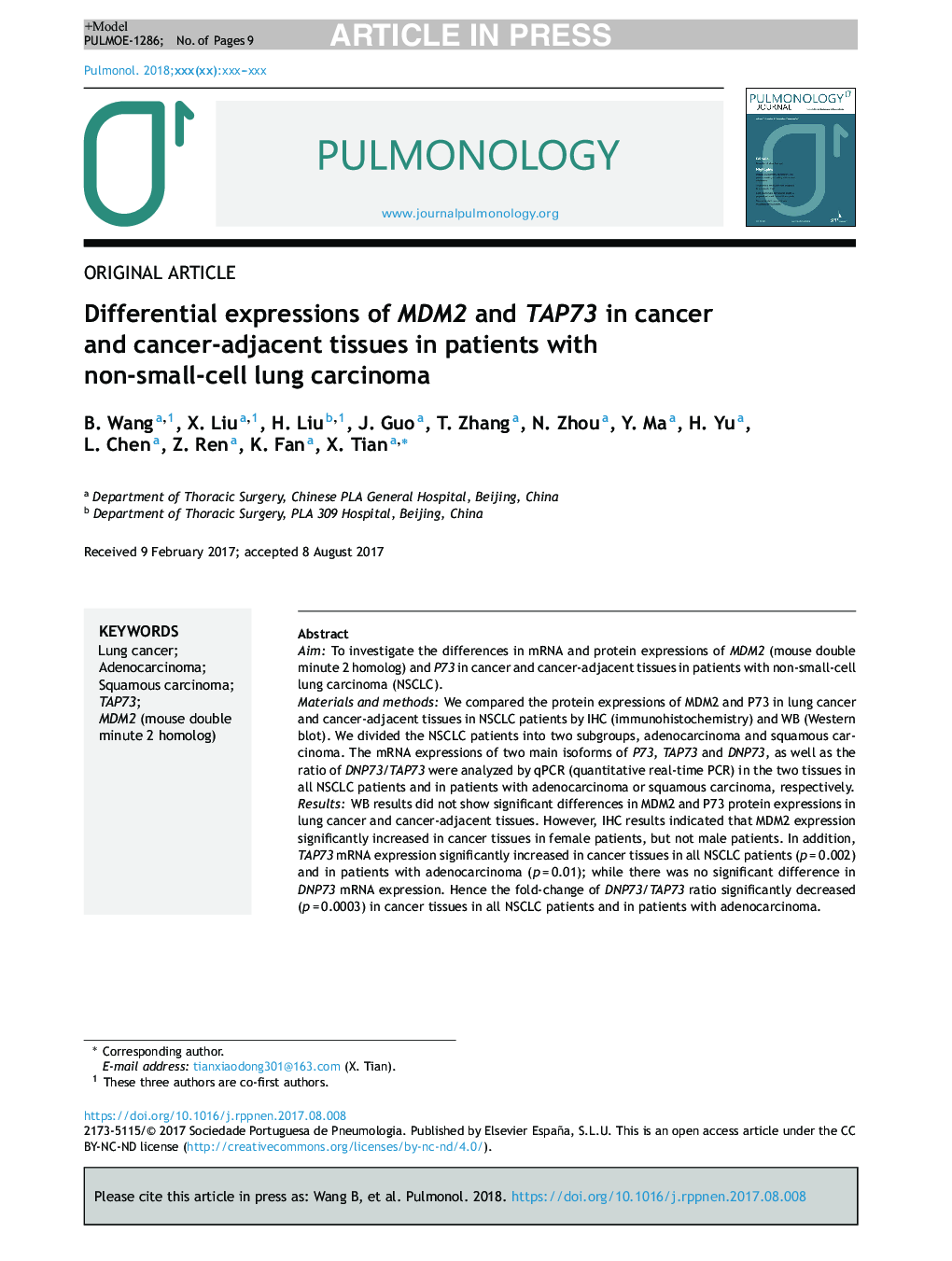 Differential expressions of MDM2 and TAP73 in cancer and cancer-adjacent tissues in patients with non-small-cell lung carcinoma